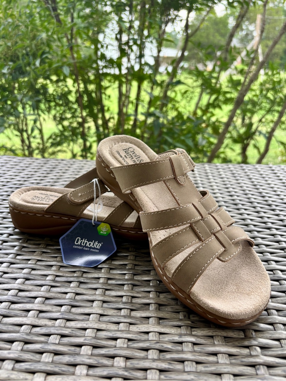 Slide Sandals Tan Strappy Ortholite Eco Slide Womens Size 7M Croft & Barrow